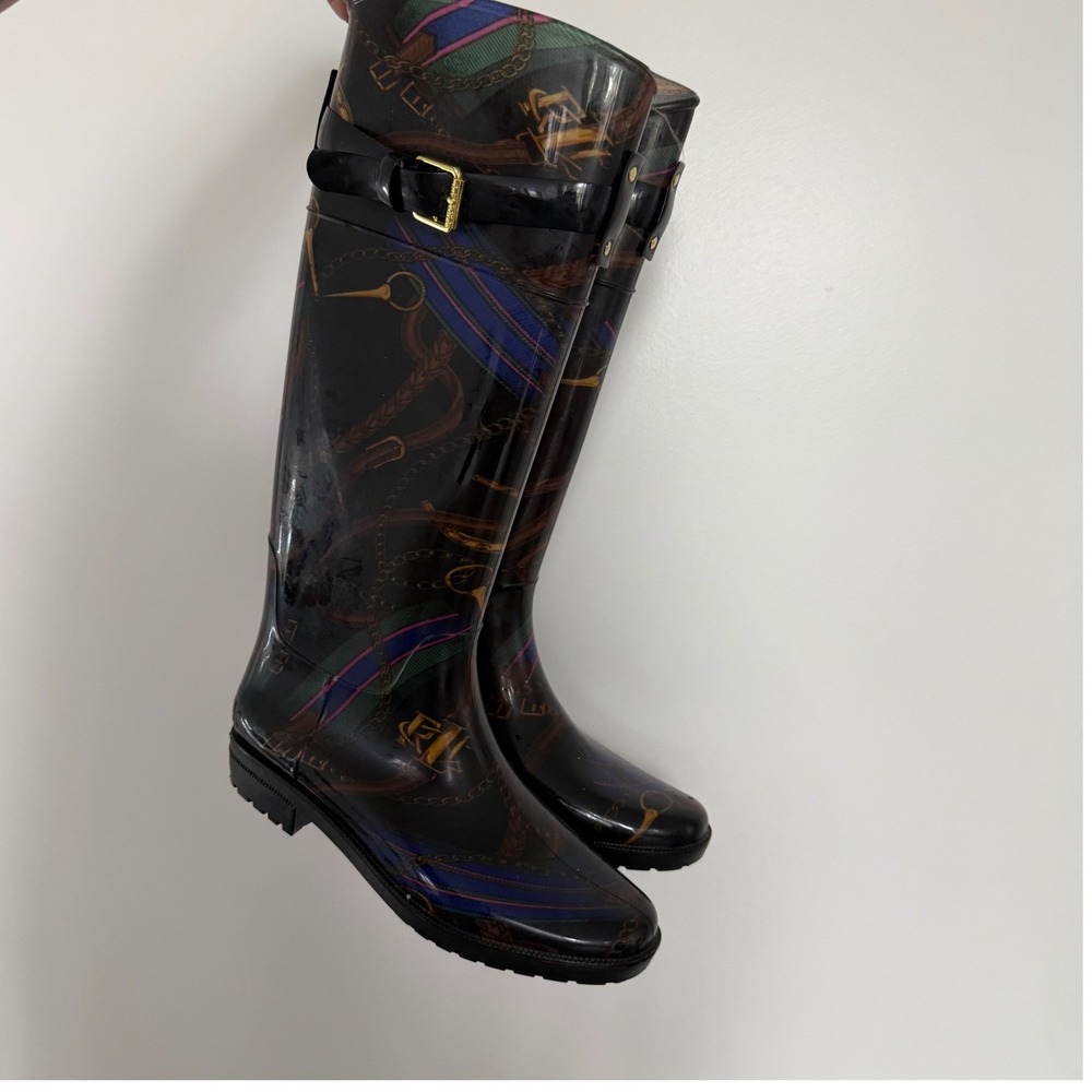 Lauren Ralph Lauren Rossalyn II Equestrian Print Rain Boots Black Womens 8 B EUC